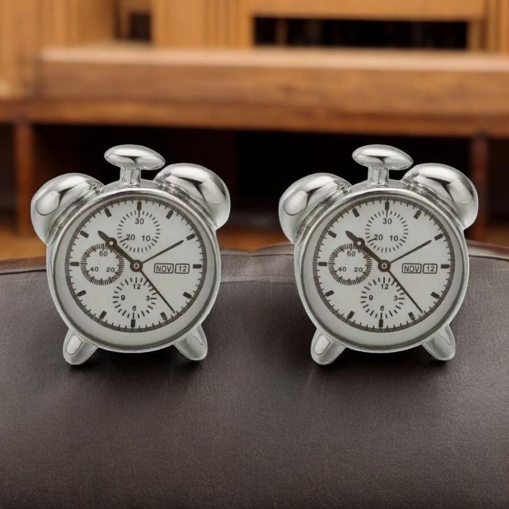 Vintage Alarm Clock Cufflinks Analog Twin Bell Silver Novelty Chronograph Formal